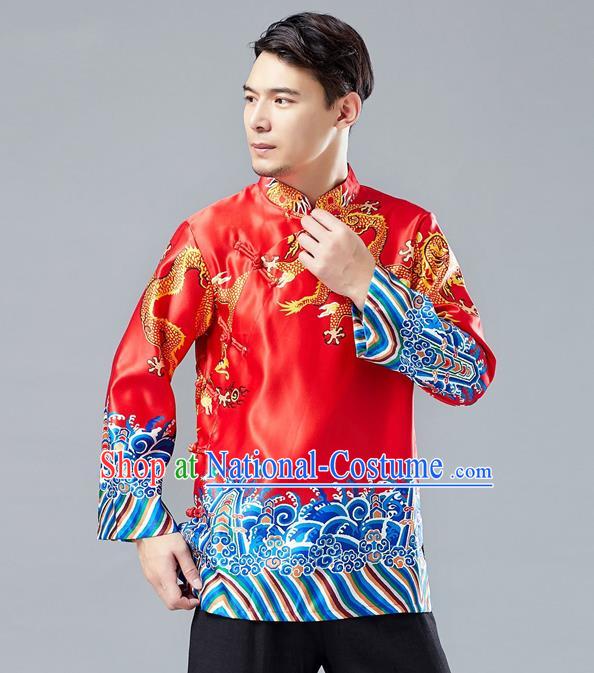 Top Chinese Tang Suit Printing Dragon Red Jacket Traditional Tai Chi Kung Fu Overcoat Costume for Men