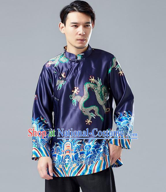 Top Chinese Tang Suit Printing Dragon Navy Jacket Traditional Tai Chi Kung Fu Overcoat Costume for Men