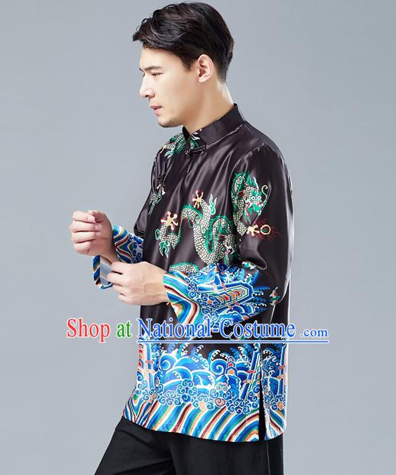 Top Chinese Tang Suit Printing Dragon Black Jacket Traditional Tai Chi Kung Fu Overcoat Costume for Men