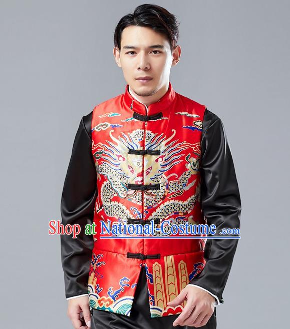 Chinese Tang Suit Printing Dragon Red Cotton Padded Vest Traditional Tai Chi Waistcoat Upper Outer Garment Costume for Men