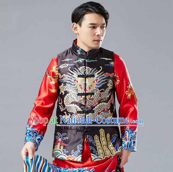 Chinese Tang Suit Printing Dragon Black Cotton Padded Vest Traditional Tai Chi Waistcoat Upper Outer Garment Costume for Men