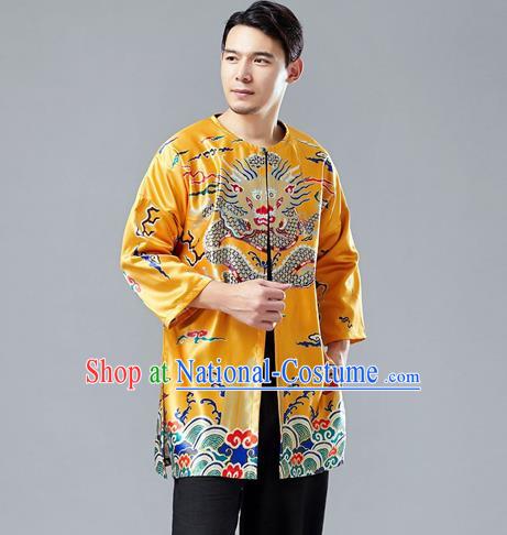 Top Chinese Tang Suit Printing Dragon Yellow Satin Cardigan Traditional Tai Chi Kung Fu Jacket Costume for Men