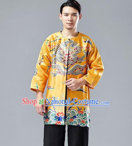 Top Chinese Tang Suit Printing Dragon Yellow Satin Cardigan Traditional Tai Chi Kung Fu Jacket Costume for Men