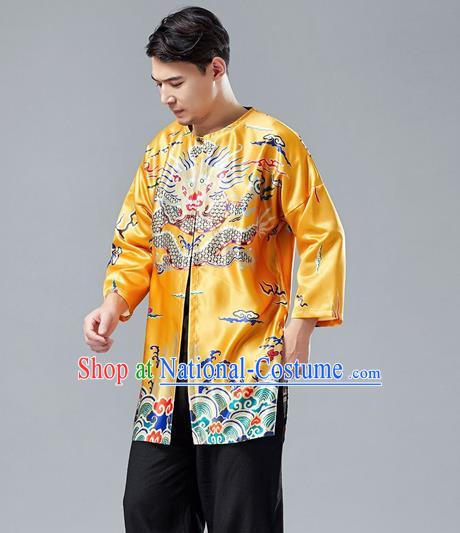 Top Chinese Tang Suit Printing Dragon Yellow Satin Cardigan Traditional Tai Chi Kung Fu Jacket Costume for Men