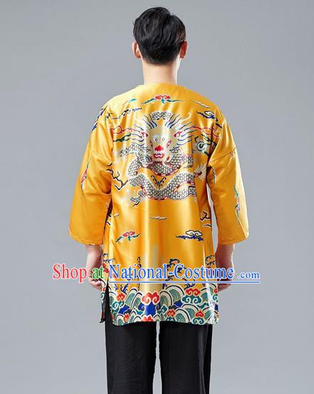 Top Chinese Tang Suit Printing Dragon Yellow Satin Cardigan Traditional Tai Chi Kung Fu Jacket Costume for Men