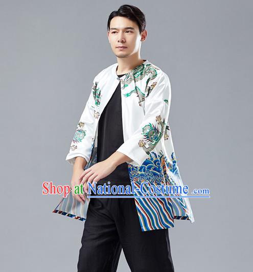 Top Chinese Tang Suit Printing Dragon White Satin Cardigan Traditional Tai Chi Kung Fu Jacket Costume for Men