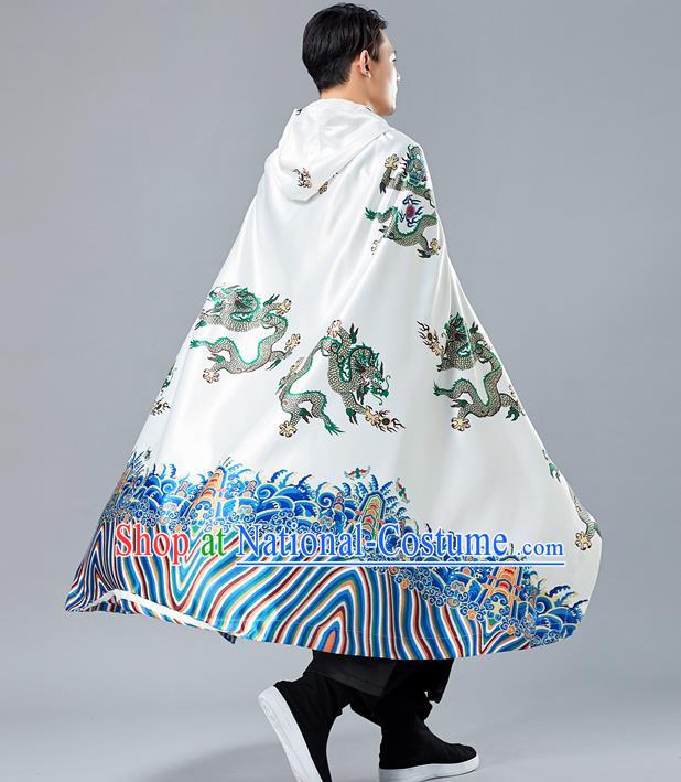 Top Chinese Tang Suit Printing Dragon White Cape Traditional Tai Chi Kung Fu Cloak Costume for Men