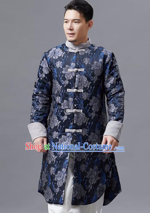 Top Chinese Tang Suit Printing Navy Coat Traditional Tai Chi Kung Fu Overcoat Costume for Men