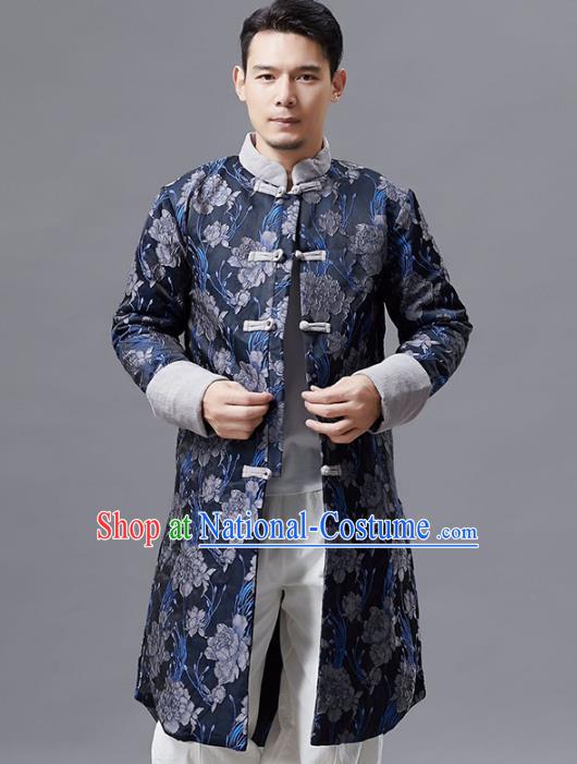 Top Chinese Tang Suit Printing Navy Coat Traditional Tai Chi Kung Fu Overcoat Costume for Men