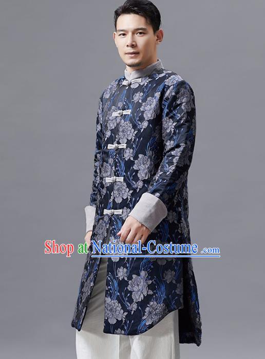 Top Chinese Tang Suit Printing Navy Coat Traditional Tai Chi Kung Fu Overcoat Costume for Men