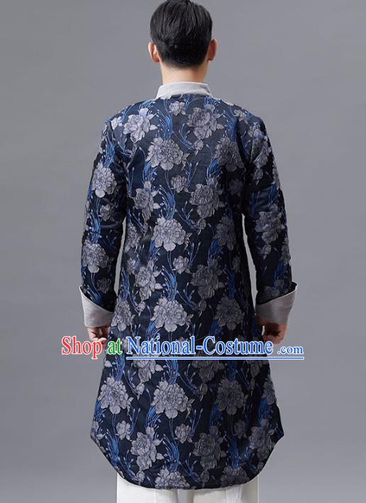 Top Chinese Tang Suit Printing Navy Coat Traditional Tai Chi Kung Fu Overcoat Costume for Men