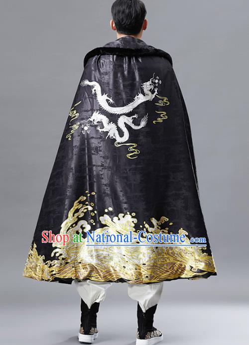 Top Chinese Tang Suit Printing Dragon Black Cloak Traditional Tai Chi Kung Fu Cape Costume for Men