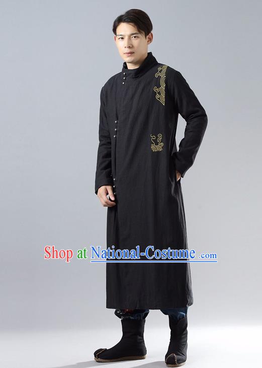 Top Chinese Tang Suit Embroidered Black Dust Coat Traditional Tai Chi Kung Fu Overcoat Costume for Men