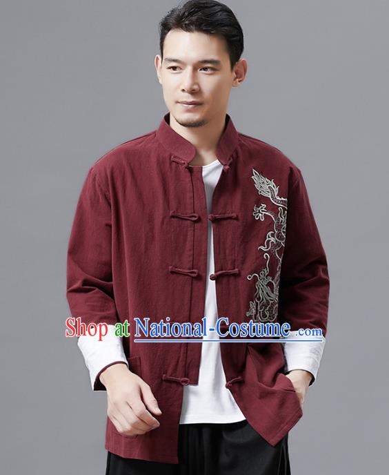 Top Chinese Tang Suit Embroidered Wine Red Flax Jacket Traditional Tai Chi Kung Fu Overcoat Costume for Men