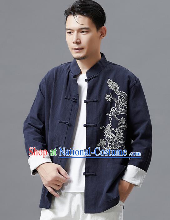 Top Chinese Tang Suit Embroidered Navy Flax Jacket Traditional Tai Chi Kung Fu Overcoat Costume for Men