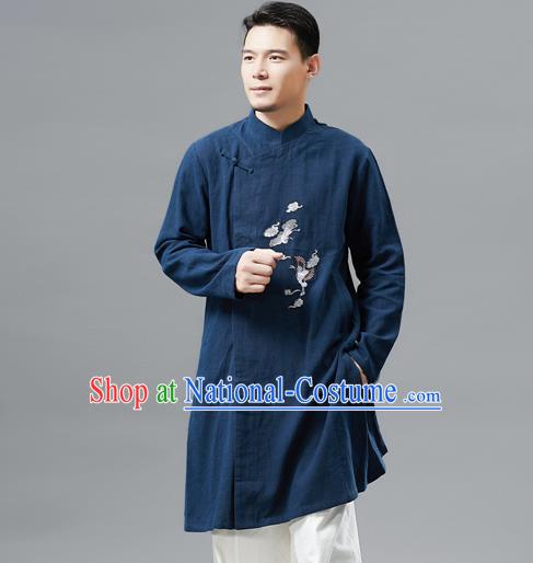 Top Chinese Tang Suit Embroidered Crane Navy Flax Jacket Traditional Tai Chi Kung Fu Overcoat Costume for Men