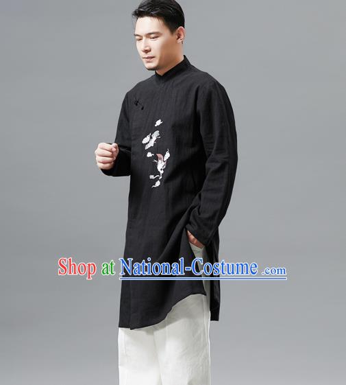 Top Chinese Tang Suit Embroidered Crane Black Flax Jacket Traditional Tai Chi Kung Fu Overcoat Costume for Men