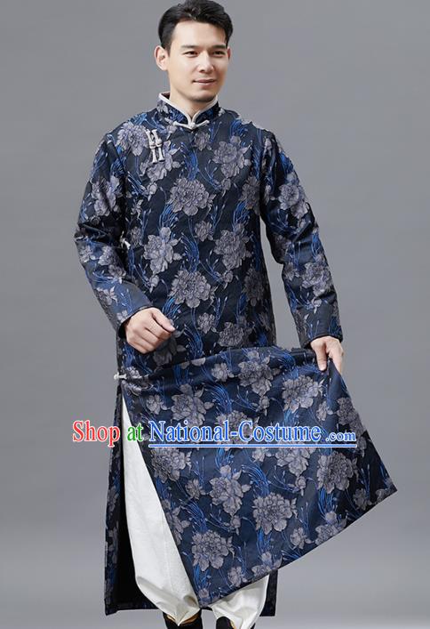 Top Chinese Tang Suit Printing Navy Robe Traditional Republic of China Kung Fu Gown Costumes for Men