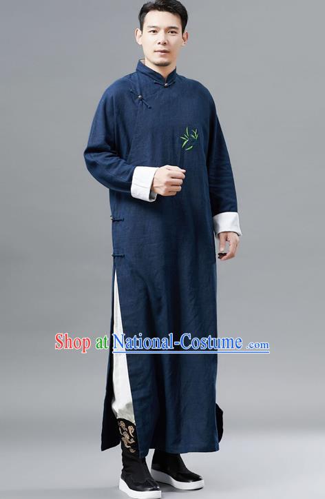 Top Chinese Tang Suit Embroidered Bamboo Navy Flax Robe Traditional Republic of China Kung Fu Gown Costumes for Men