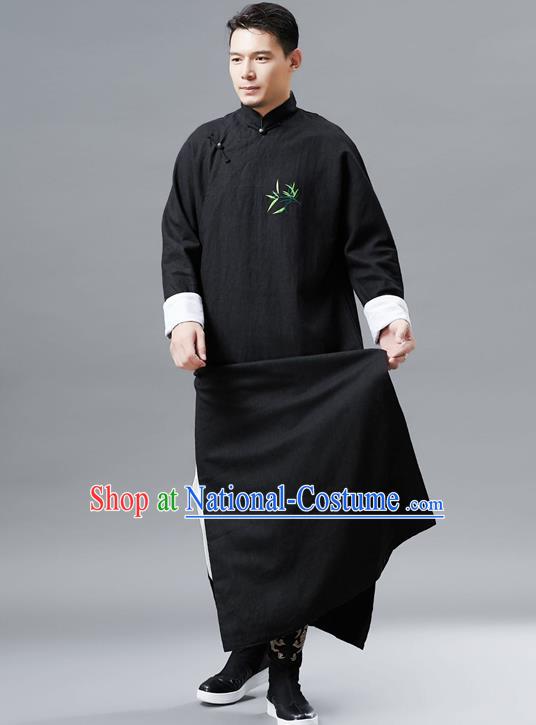 Top Chinese Tang Suit Embroidered Bamboo Black Flax Robe Traditional Republic of China Kung Fu Gown Costumes for Men