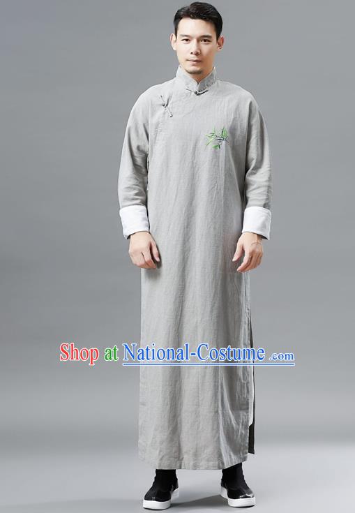 Top Chinese Tang Suit Embroidered Bamboo Grey Flax Robe Traditional Republic of China Kung Fu Gown Costumes for Men