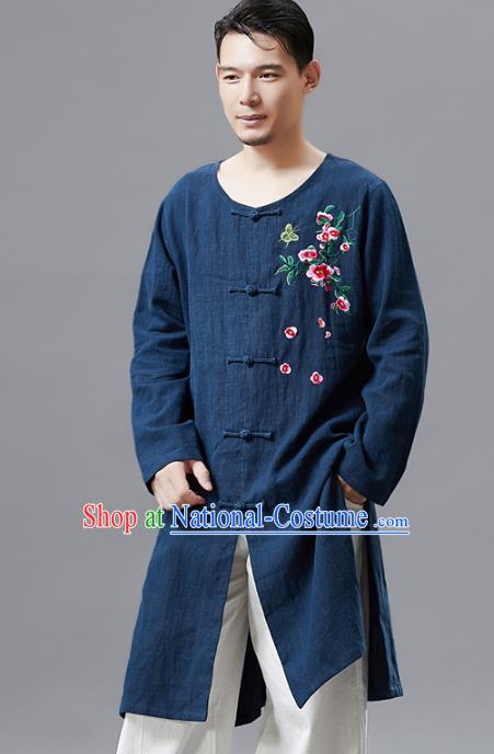 Top Chinese Tang Suit Embroidered Navy Flax Shirt Traditional Tai Chi Kung Fu Upper Outer Garment Costume for Men