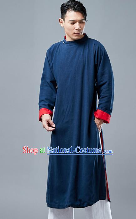 Top Chinese Tang Suit Navy Long Coat Traditional Tai Chi Kung Fu Overcoat Costume for Men