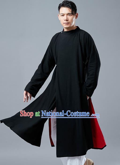 Top Chinese Tang Suit Black Long Coat Traditional Tai Chi Kung Fu Overcoat Costume for Men