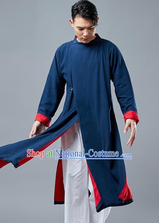 Top Chinese Tang Suit Navy Long Coat Traditional Tai Chi Kung Fu Overcoat Costume for Men