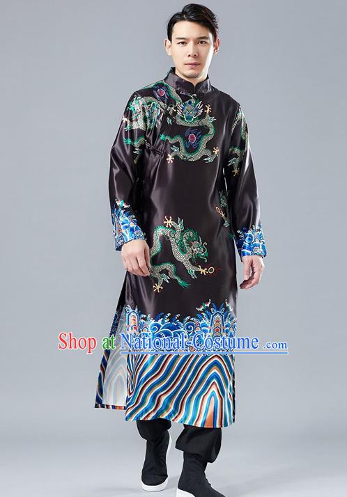 Top Chinese Tang Suit Printing Dragon Black Robe Traditional Republic of China Kung Fu Gown Costumes for Men