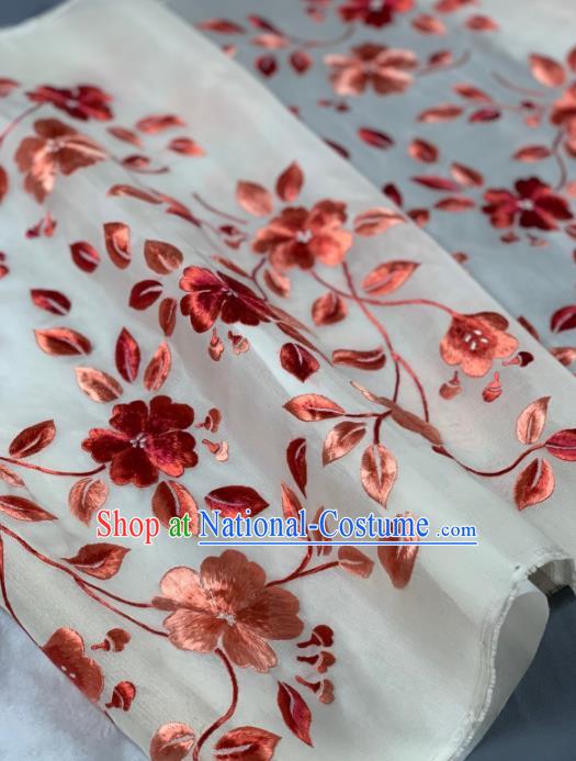 Chinese Classical Embroidered Peach Blossom Pattern Design White Silk Fabric Asian Traditional Hanfu Brocade Material