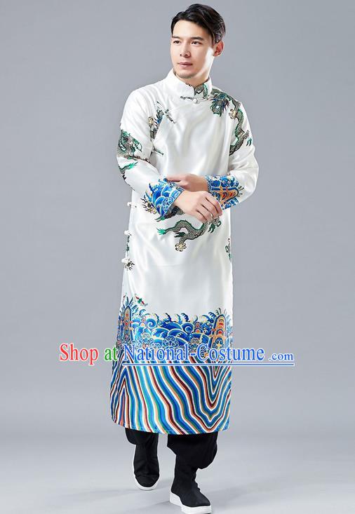 Top Chinese Tang Suit Printing Dragon White Robe Traditional Republic of China Kung Fu Gown Costumes for Men