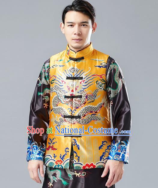 Chinese Tang Suit Printing Dragon Yellow Cotton Padded Vest Traditional Tai Chi Waistcoat Upper Outer Garment Costume for Men