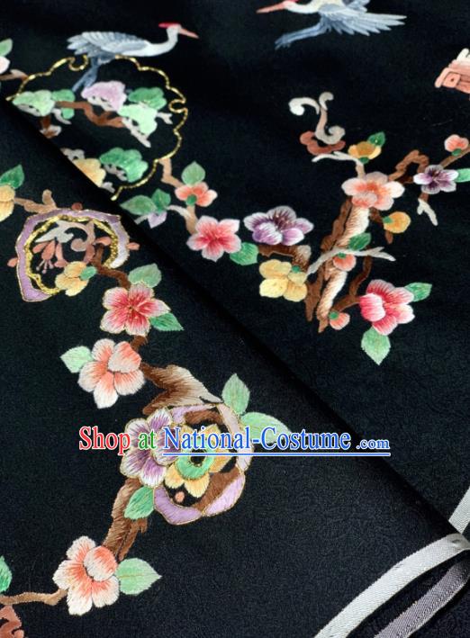 Chinese Classical Embroidered Crane Pattern Design Black Silk Fabric Asian Traditional Hanfu Brocade Material