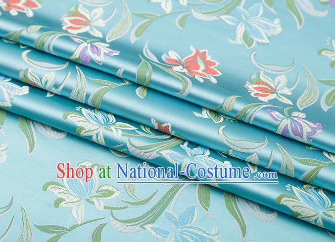 Chinese Traditional Daffodil Pattern Blue Brocade Fabric Cheongsam Satin Tapestry Drapery