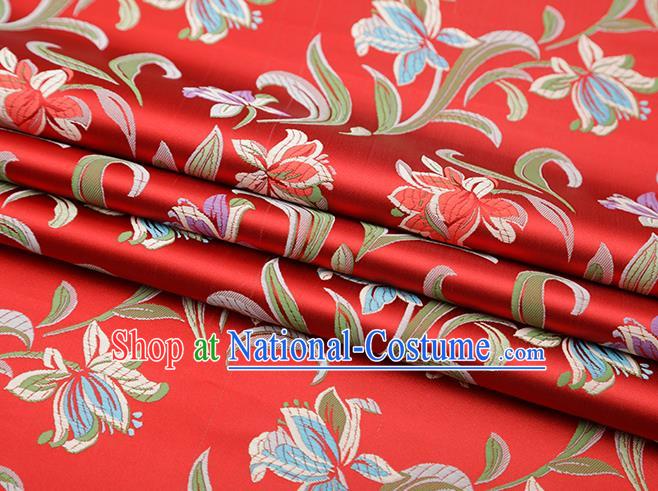 Chinese Traditional Daffodil Pattern Red Brocade Fabric Cheongsam Satin Tapestry Drapery