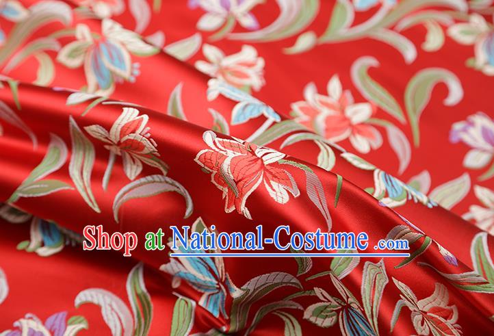 Chinese Traditional Daffodil Pattern Red Brocade Fabric Cheongsam Satin Tapestry Drapery