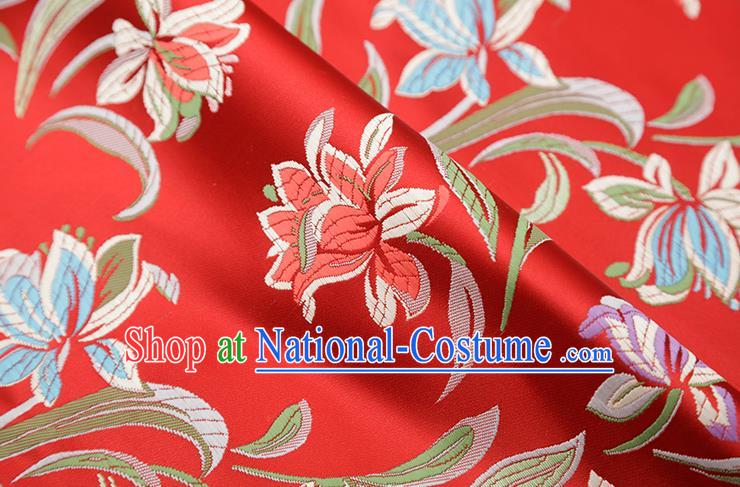 Chinese Traditional Daffodil Pattern Red Brocade Fabric Cheongsam Satin Tapestry Drapery