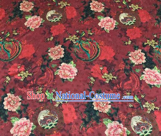 Chinese Traditional Phoenix Peony Design Pattern Dark Red Silk Fabric Cheongsam Gambiered Guangdong Gauze Drapery