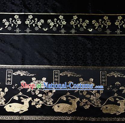 Chinese Traditional Flowers Deer Pattern Design Black Brocade Fabric Hanfu Dress Satin Tapestry Drapery