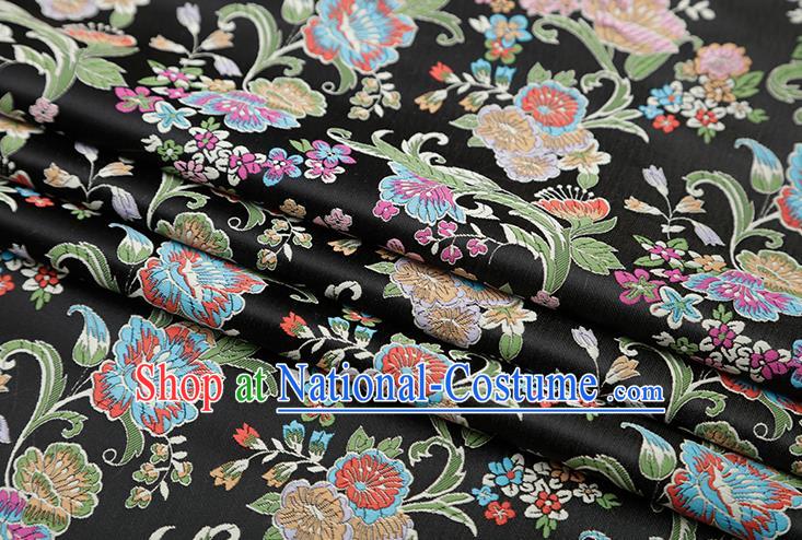 Chinese Traditional Phalaenopsis Pattern Black Brocade Fabric Cheongsam Satin Tapestry Drapery