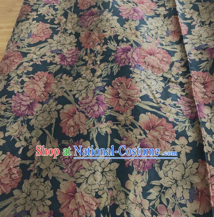 Chinese Traditional Flowers Design Pattern Navy Silk Fabric Cheongsam Mulberry Silk Drapery