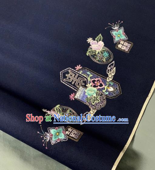 Chinese Classical Embroidered Pattern Design Navy Silk Fabric Asian Traditional Hanfu Brocade Material