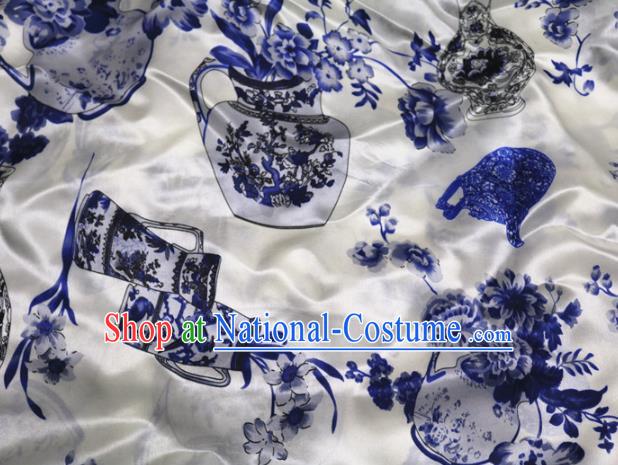 Chinese Traditional Printing Peony Vase Design Pattern White Silk Fabric Cheongsam Mulberry Silk Drapery