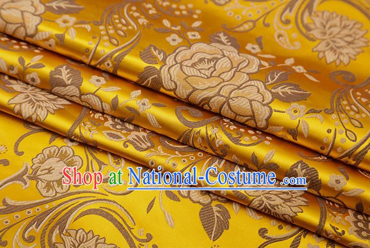 Chinese Traditional Twine Peony Lotus Pattern Yellow Brocade Fabric Cheongsam Tapestry Drapery