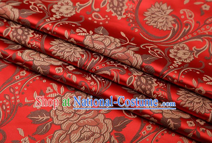 Chinese Traditional Twine Peony Lotus Pattern Red Brocade Fabric Cheongsam Tapestry Drapery