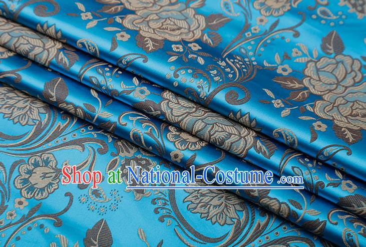 Chinese Traditional Twine Peony Lotus Pattern Blue Brocade Fabric Cheongsam Tapestry Drapery