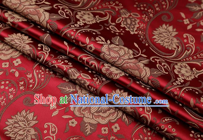 Chinese Traditional Twine Peony Lotus Pattern Wine Red Brocade Fabric Cheongsam Tapestry Drapery