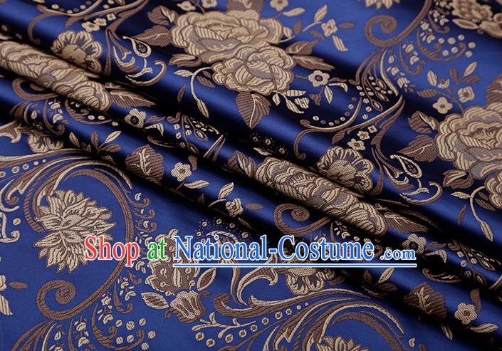 Chinese Traditional Twine Peony Lotus Pattern Navy Brocade Fabric Cheongsam Tapestry Drapery