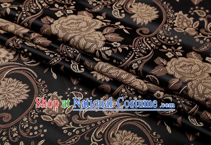 Chinese Traditional Twine Peony Lotus Pattern Black Brocade Fabric Cheongsam Tapestry Drapery